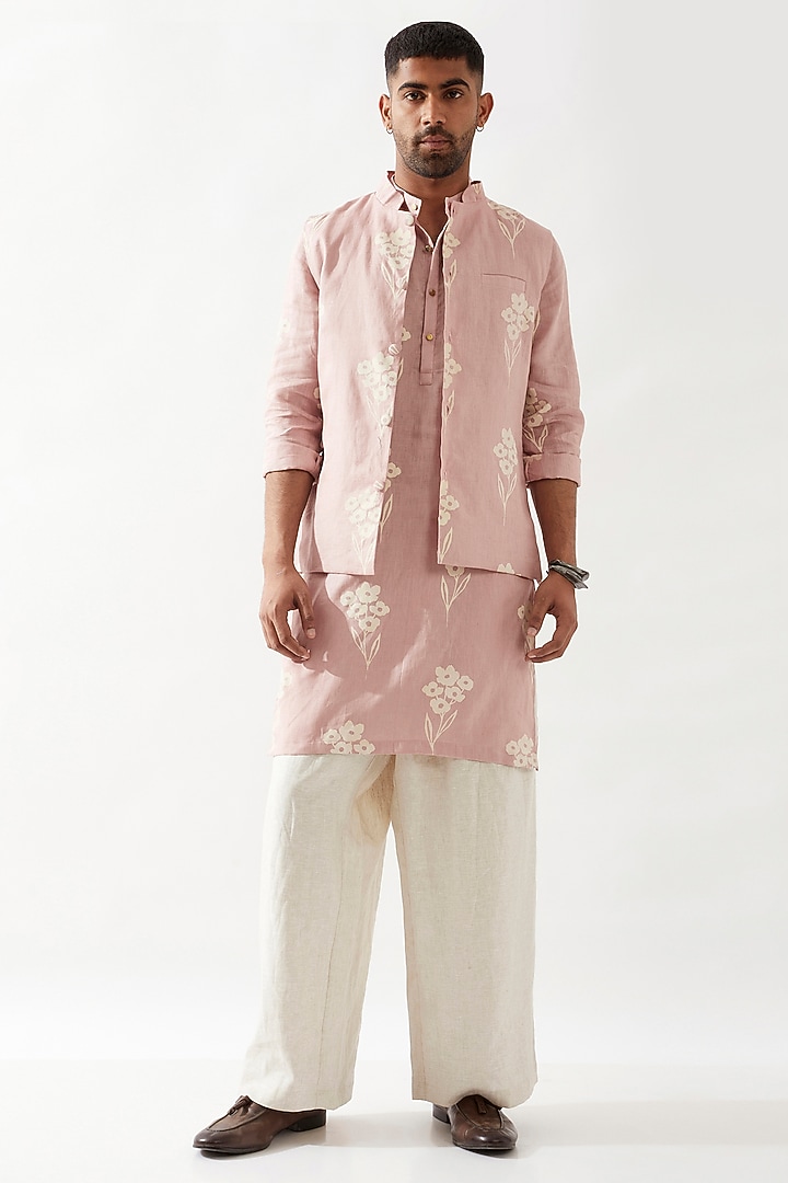 Pink Linen Printed Bundi Jacket by Son Of A Noble SNOB Men at Pernia's Pop Up Shop