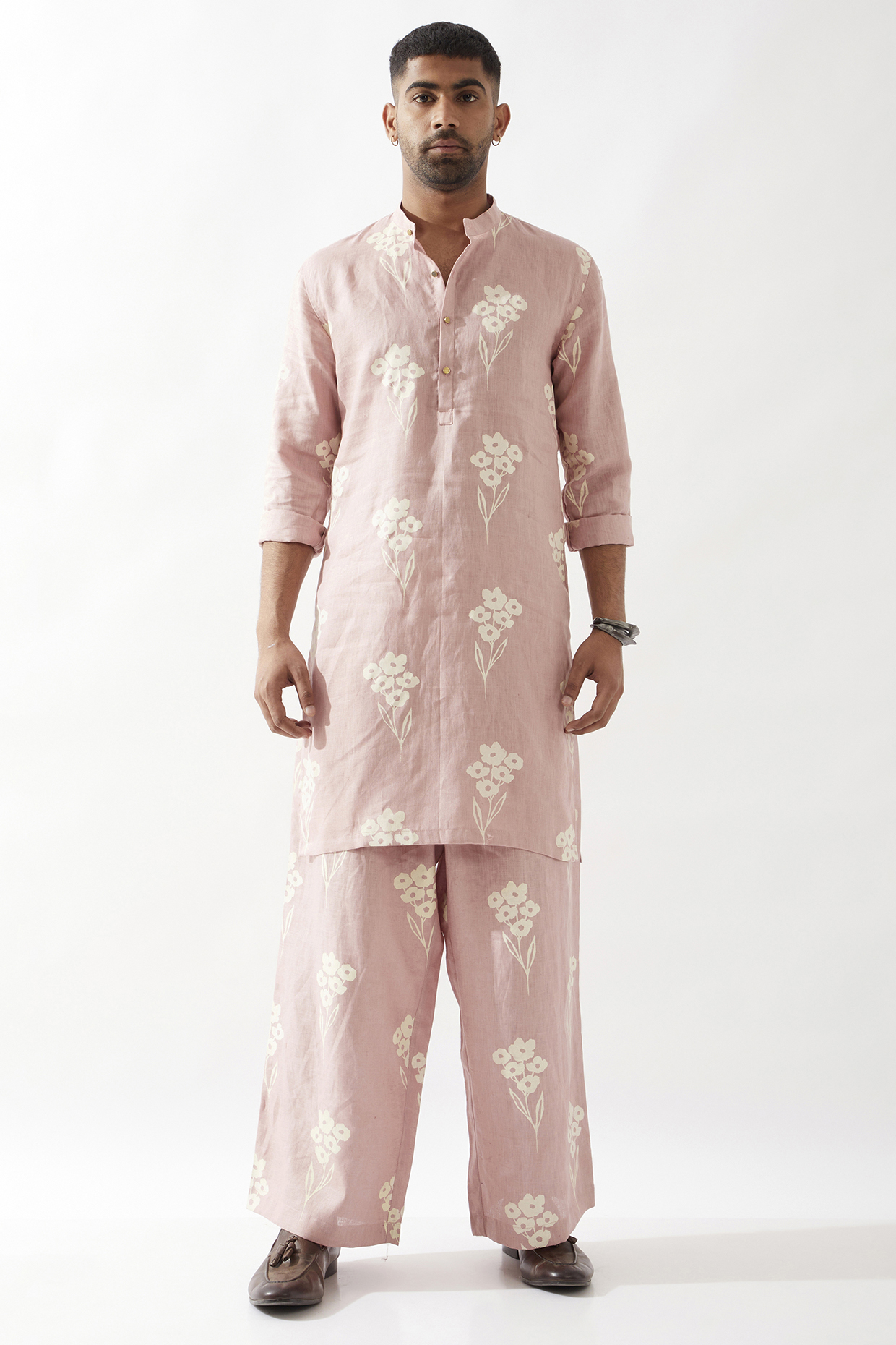 Pink Linen Printed Kurta by Son Of A Noble SNOB Men