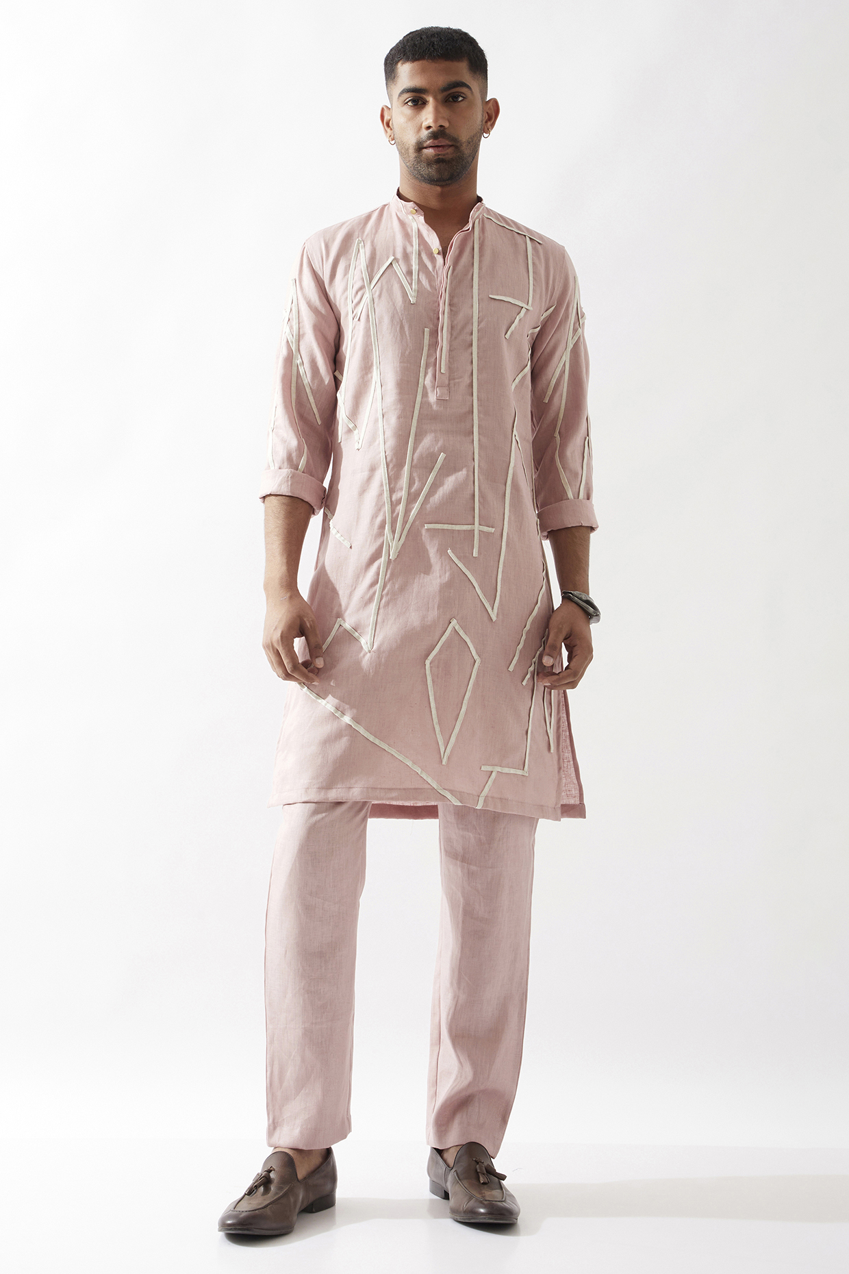 Pink Linen Printed & Pintuck Textured Kurta by Son Of A Noble SNOB Men
