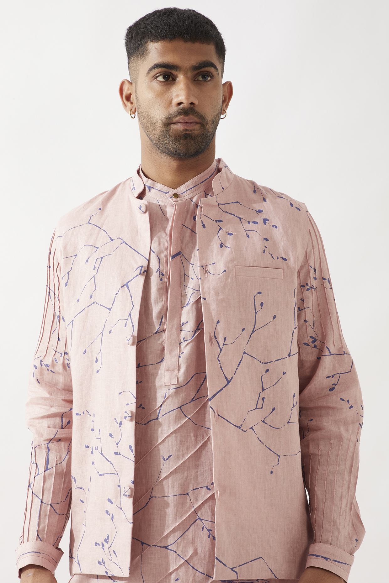 Pink Linen Printed Bundi Jacket by Son Of A Noble SNOB Men