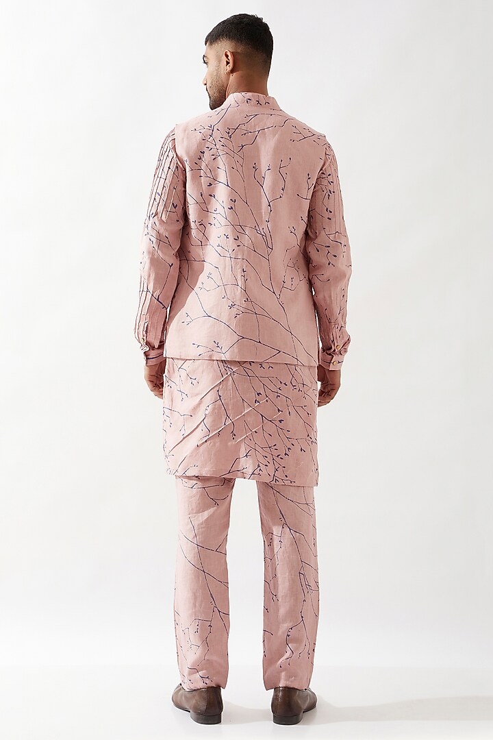 Pink Linen Printed Bundi Jacket by Son Of A Noble SNOB Men at Pernia's Pop Up Shop