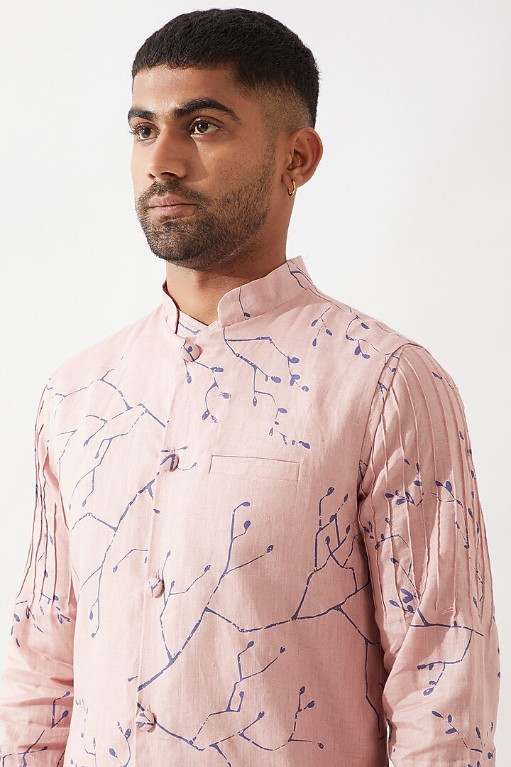 Pink Linen Printed Bundi Jacket by Son Of A Noble SNOB Men at Pernia's Pop Up Shop