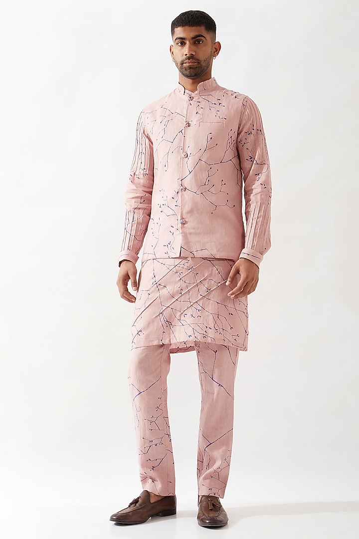 Pink Linen Printed Bundi Jacket by Son Of A Noble SNOB Men at Pernia's Pop Up Shop