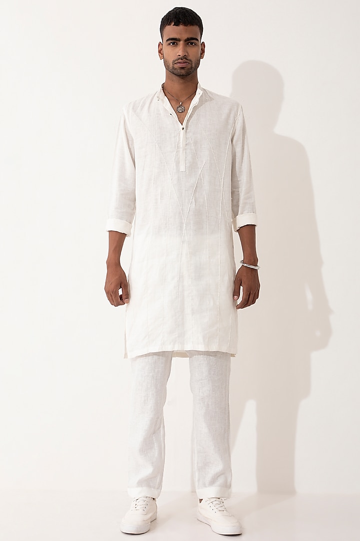 White Linen Printed Kurta Set by Son Of A Noble SNOB Men