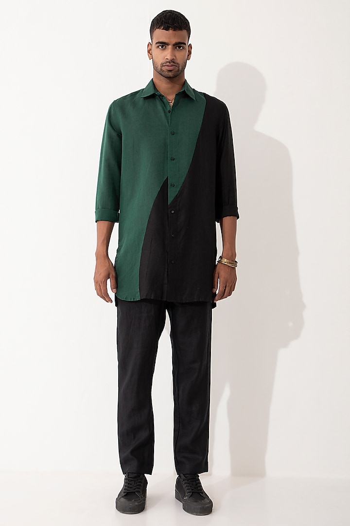 Black & Green Linen Color-Blocked Co-Ord Set by Son Of A Noble SNOB Men