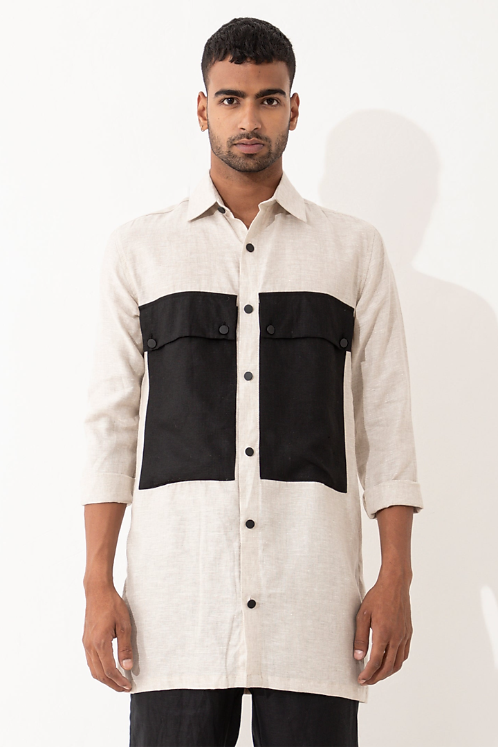 Ivory & Black Linen Color-Blocked Co-Ord Set by Son Of A Noble SNOB Men at Pernia's Pop Up Shop