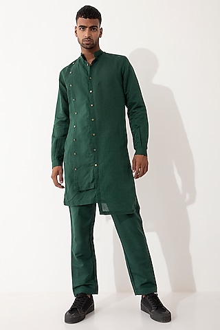 Green Linen Solid Kurta Set by Son Of A Noble SNOB Men