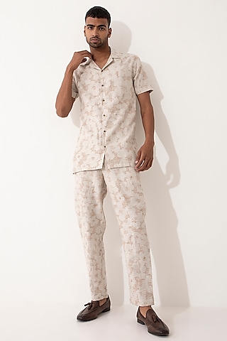 Ivory Linen Printed Co-Ord Set by Son Of A Noble SNOB Men