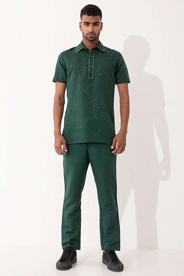 Green Linen Printed Co-Ord Set by Son Of A Noble SNOB Men