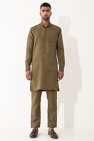 Brown Linen Printed Kurta Set by Son Of A Noble SNOB Men