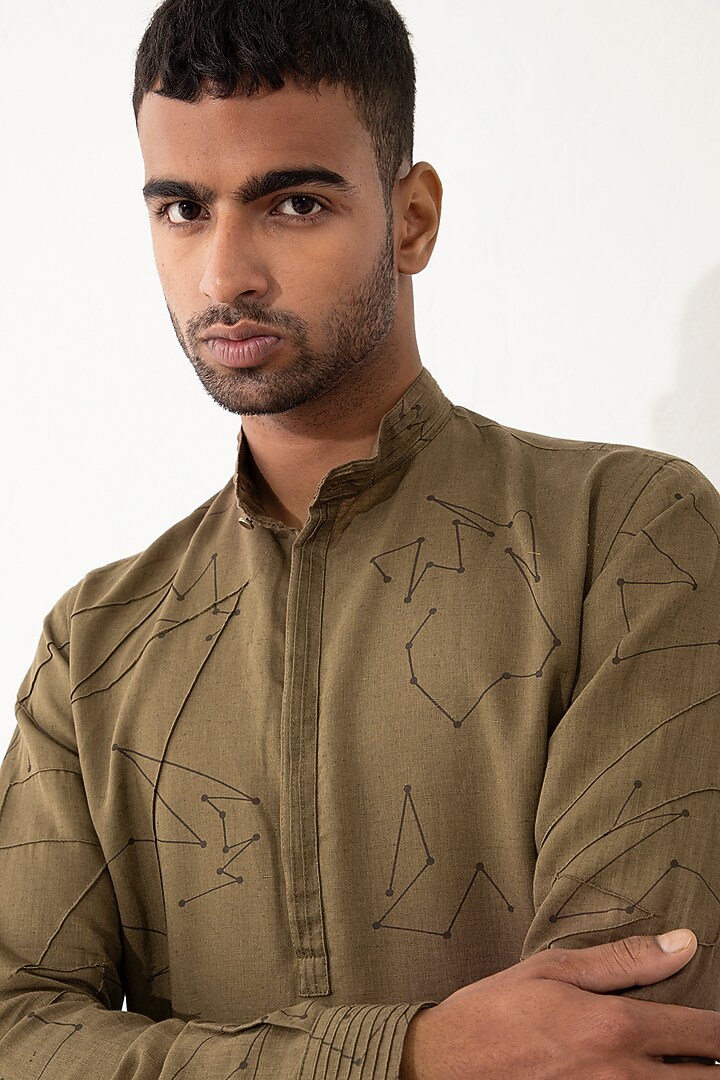 Brown Linen Printed Kurta Set by Son Of A Noble SNOB Men at Pernia's Pop Up Shop