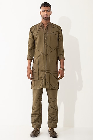 Brown Linen Printed Kurta Set by Son Of A Noble SNOB Men