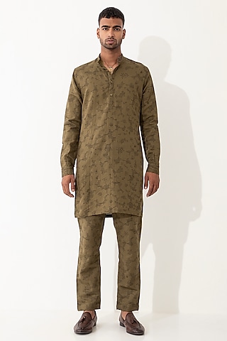 Brown Linen Printed Kurta Set by Son Of A Noble SNOB Men