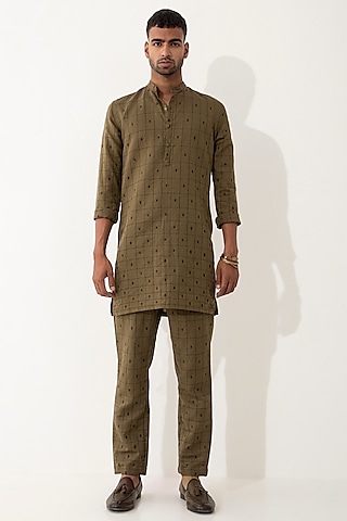 Brown Linen Printed Kurta Set by Son Of A Noble SNOB Men