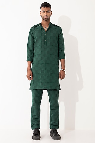 Green Linen Printed Kurta Set by Son Of A Noble SNOB Men
