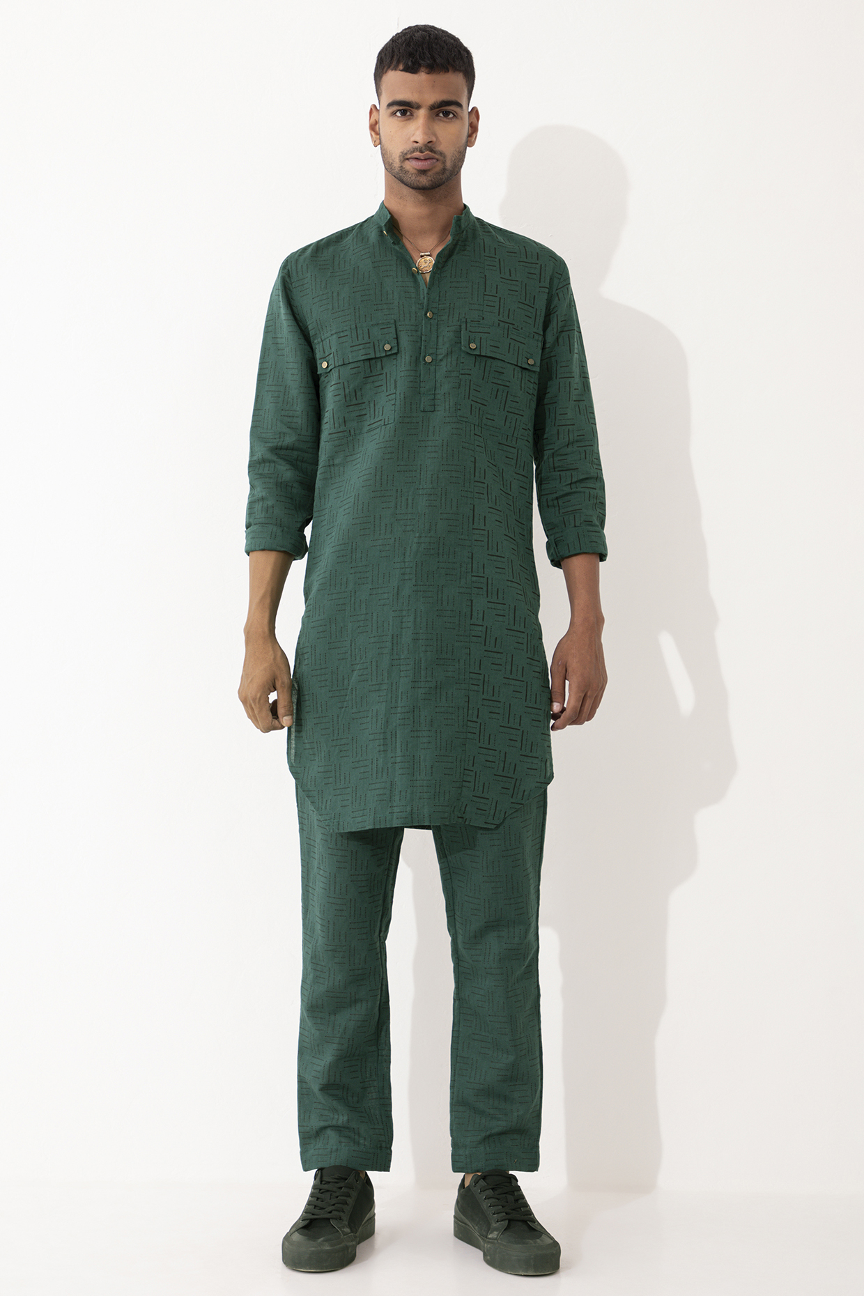 Green Linen Printed Kurta Set by Son Of A Noble SNOB Men at Pernia's Pop Up Shop