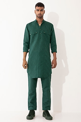 Green Linen Printed Kurta Set by Son Of A Noble SNOB Men