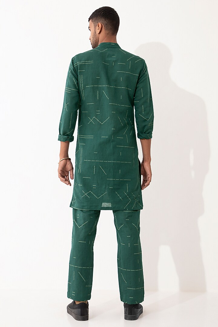 Green Linen Printed Kurta Set by Son Of A Noble SNOB Men at Pernia's Pop Up Shop