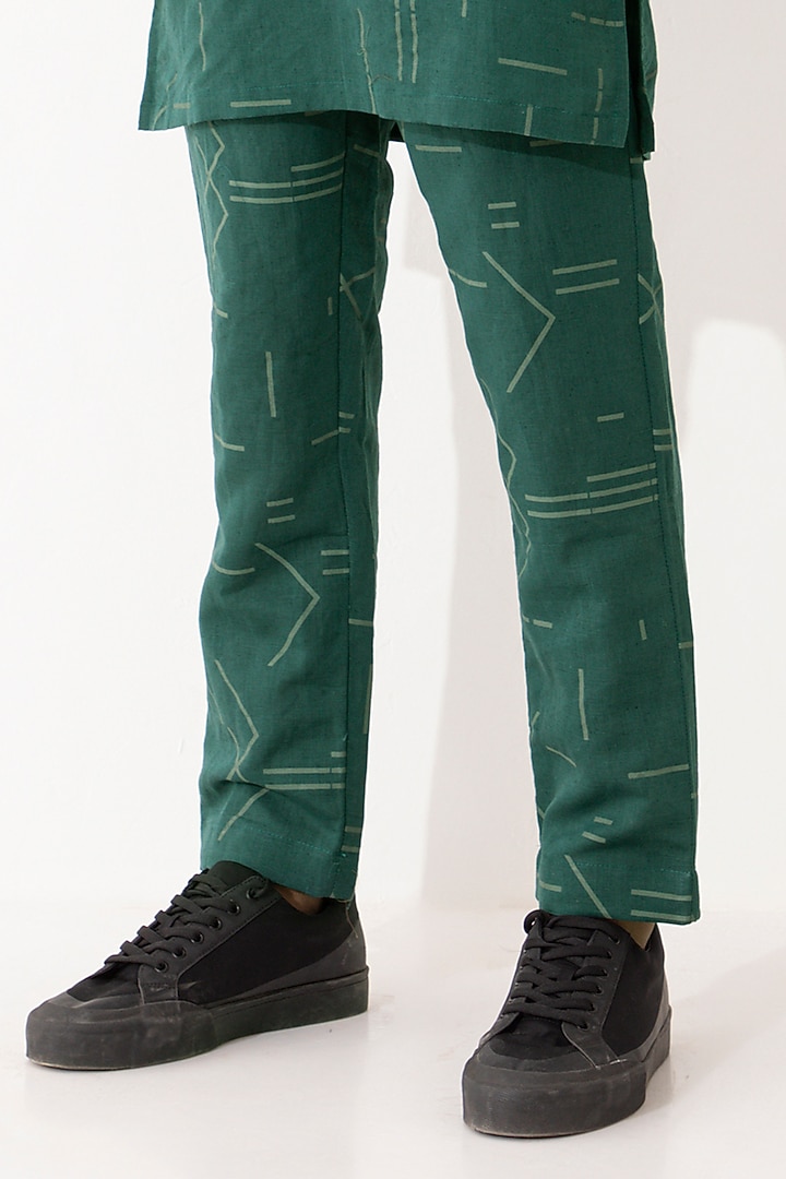 Green Linen Printed Kurta Set by Son Of A Noble SNOB Men at Pernia's Pop Up Shop
