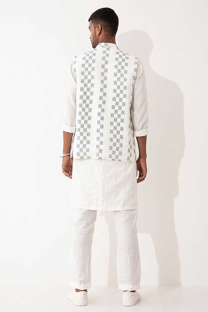 White Linen Printed Bundi Jacket Set by Son Of A Noble SNOB Men at Pernia's Pop Up Shop