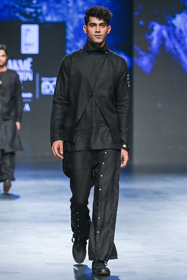 Black Linen Asymmetric Shacket Set by Son Of A Noble SNOB Men at Pernia's Pop Up Shop