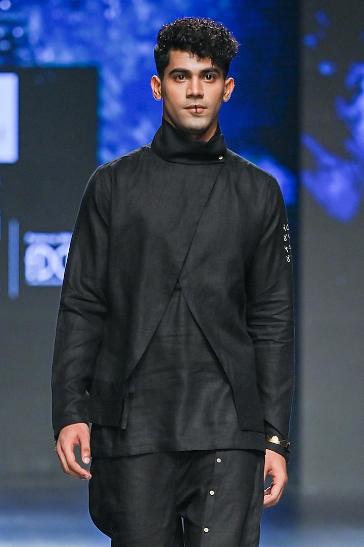 Black Linen Asymmetric Shacket Set by Son Of A Noble SNOB Men at Pernia's Pop Up Shop