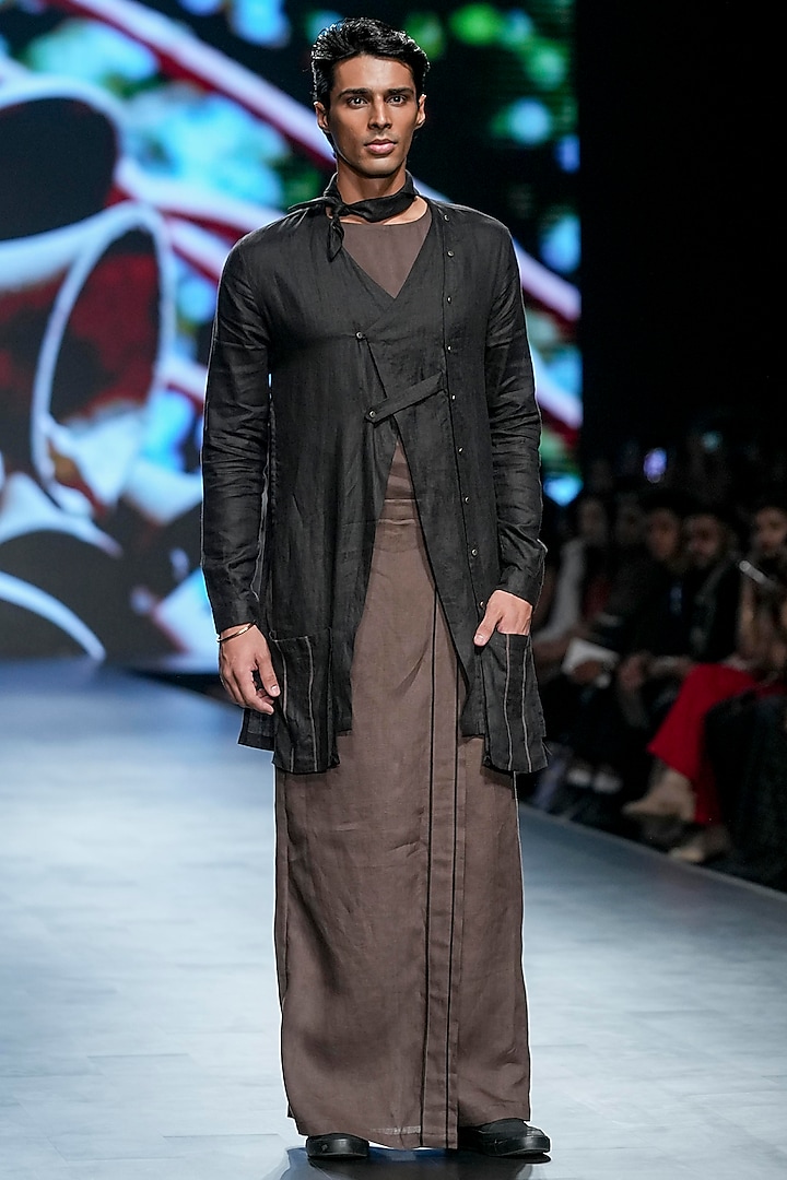 Black Linen Asymmetric Shacket Set by Son Of A Noble SNOB Men at Pernia's Pop Up Shop