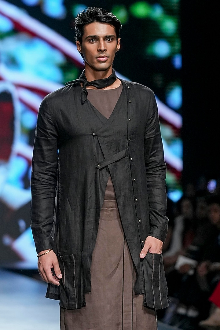 Black Linen Asymmetric Shacket Set by Son Of A Noble SNOB Men at Pernia's Pop Up Shop
