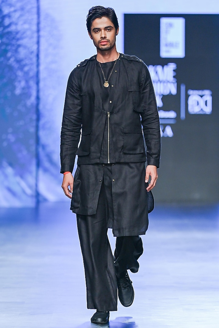 Black Linen Bundi Jacket Set by Son Of A Noble SNOB Men at Pernia's Pop Up Shop