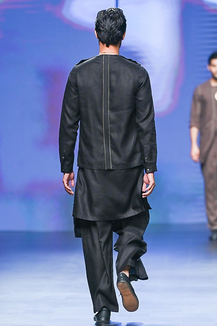 Black Linen Bundi Jacket Set by Son Of A Noble SNOB Men at Pernia's Pop Up Shop