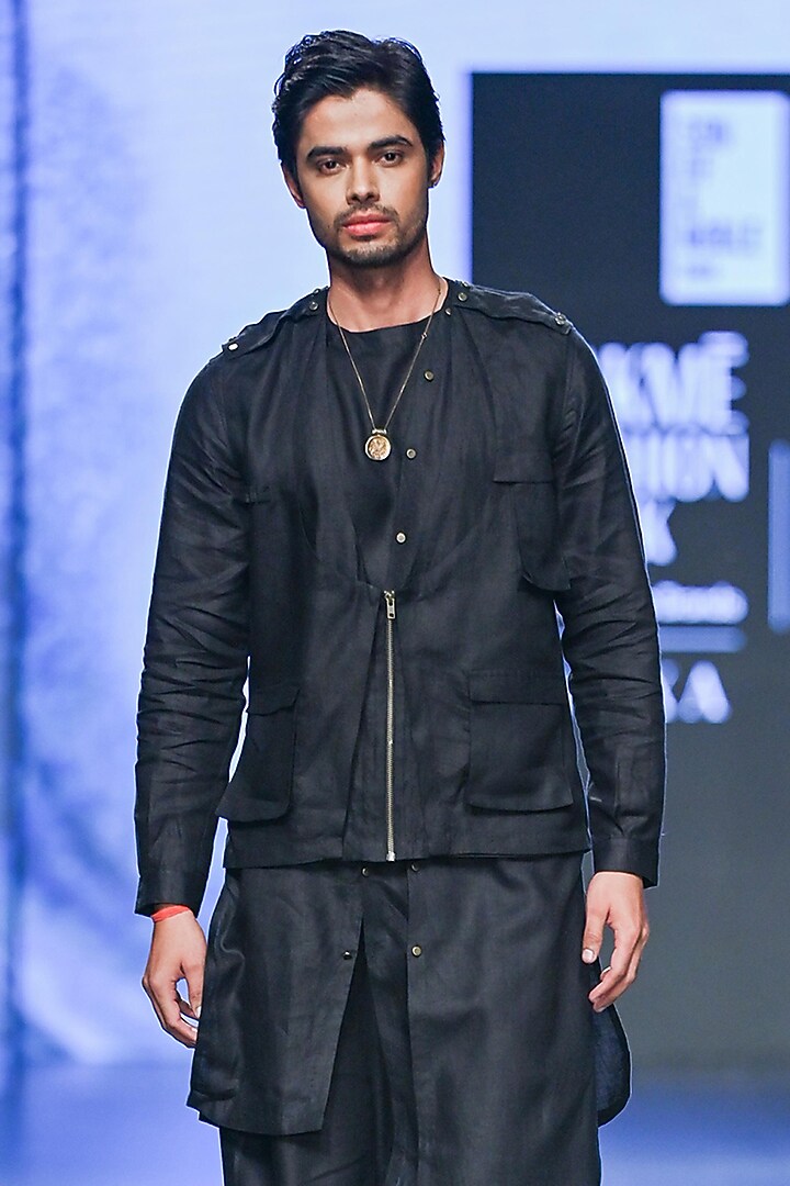Black Linen Bundi Jacket Set by Son Of A Noble SNOB Men at Pernia's Pop Up Shop