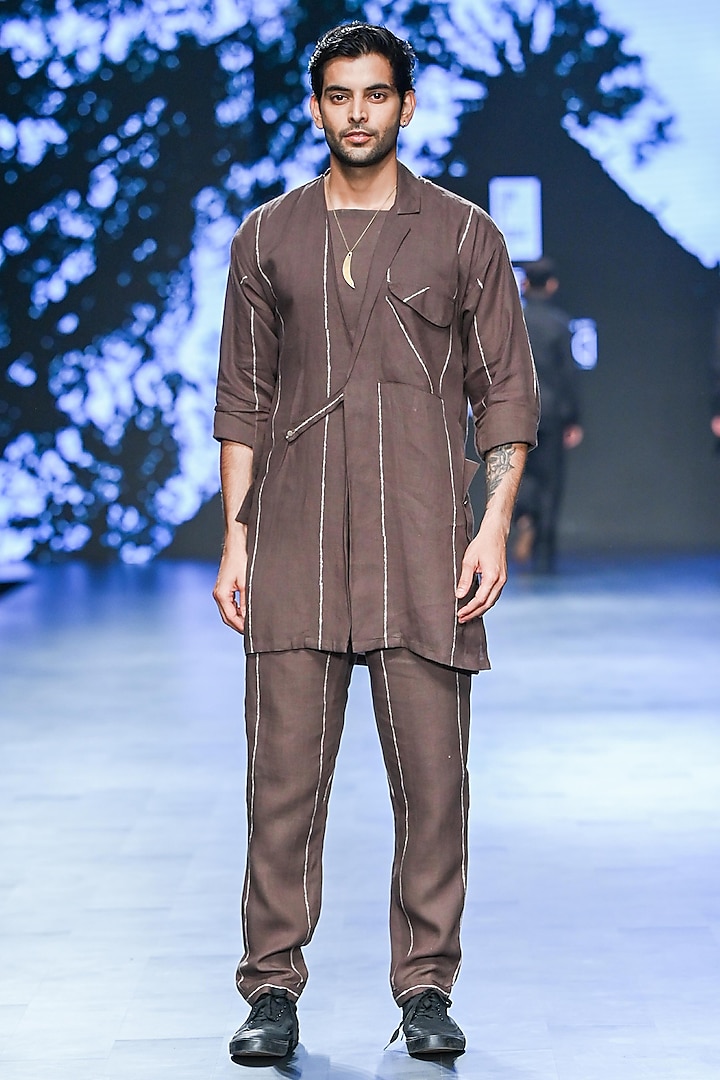 Brown Linen Asymmetric Jacket Set by Son Of A Noble SNOB Men at Pernia's Pop Up Shop