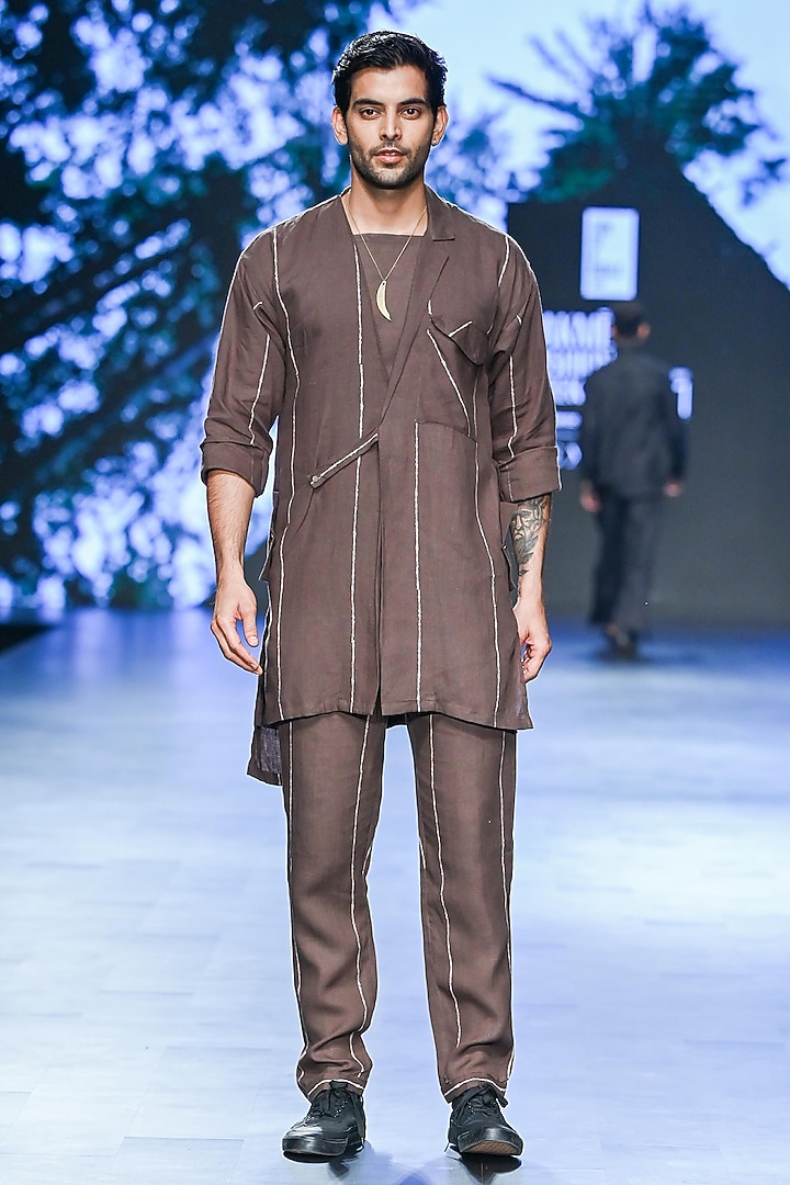 Brown Linen Asymmetric Jacket Set by Son Of A Noble SNOB Men at Pernia's Pop Up Shop