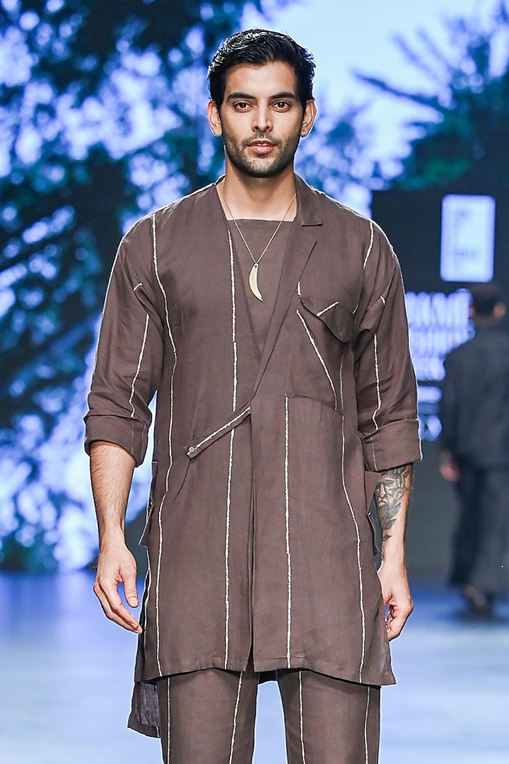 Brown Linen Asymmetric Jacket Set by Son Of A Noble SNOB Men at Pernia's Pop Up Shop