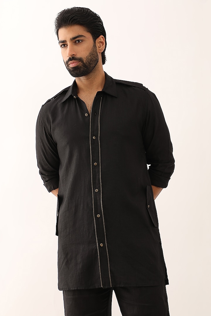 Black Linen Textured Co-Ord Set by Son Of A Noble SNOB Men at Pernia's Pop Up Shop