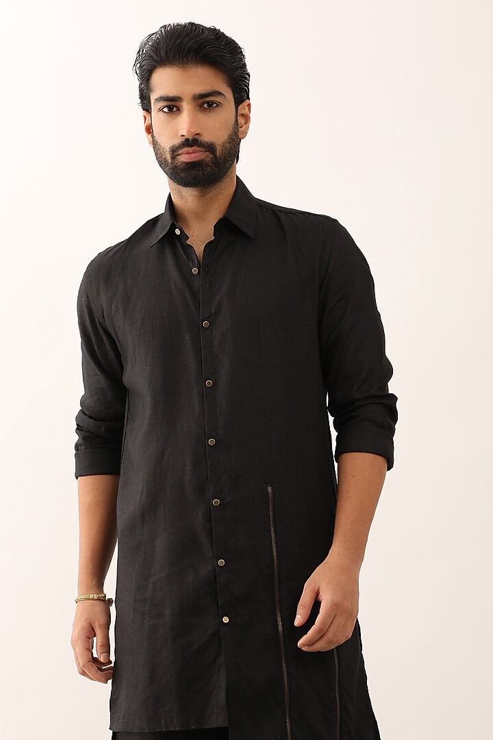 Black Linen Asymmetric Co-Ord Set by Son Of A Noble SNOB Men at Pernia's Pop Up Shop