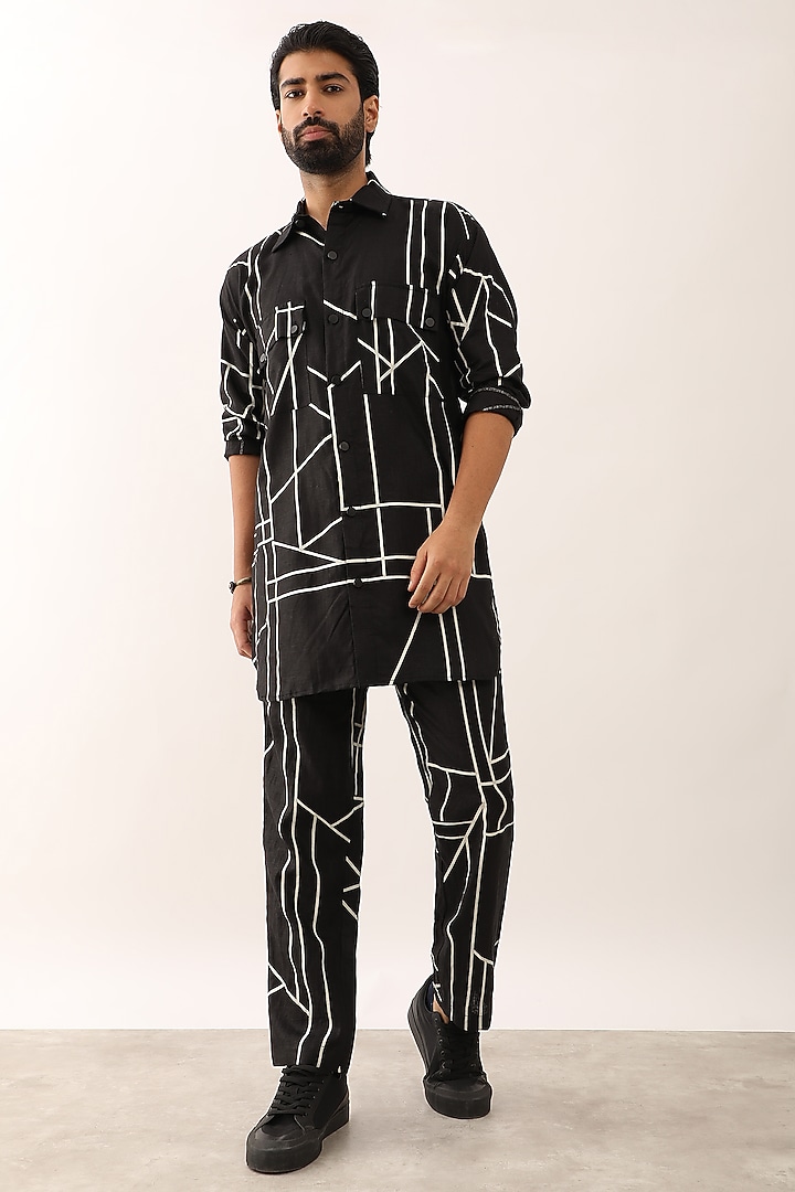 Black Linen Printed Co-Ord Set by Son Of A Noble SNOB Men at Pernia's Pop Up Shop