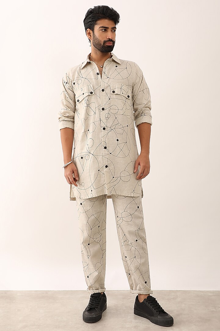 Ivory Linen Printed Co-Ord Set by Son Of A Noble SNOB Men at Pernia's Pop Up Shop
