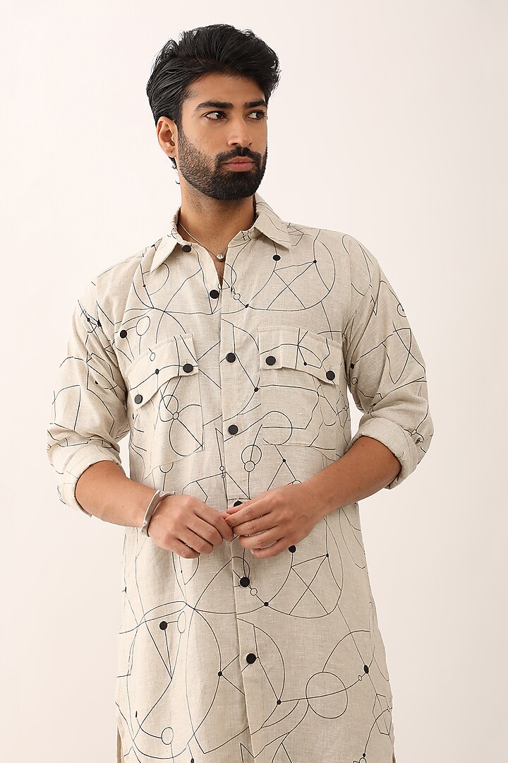 Ivory Linen Printed Co-Ord Set by Son Of A Noble SNOB Men at Pernia's Pop Up Shop