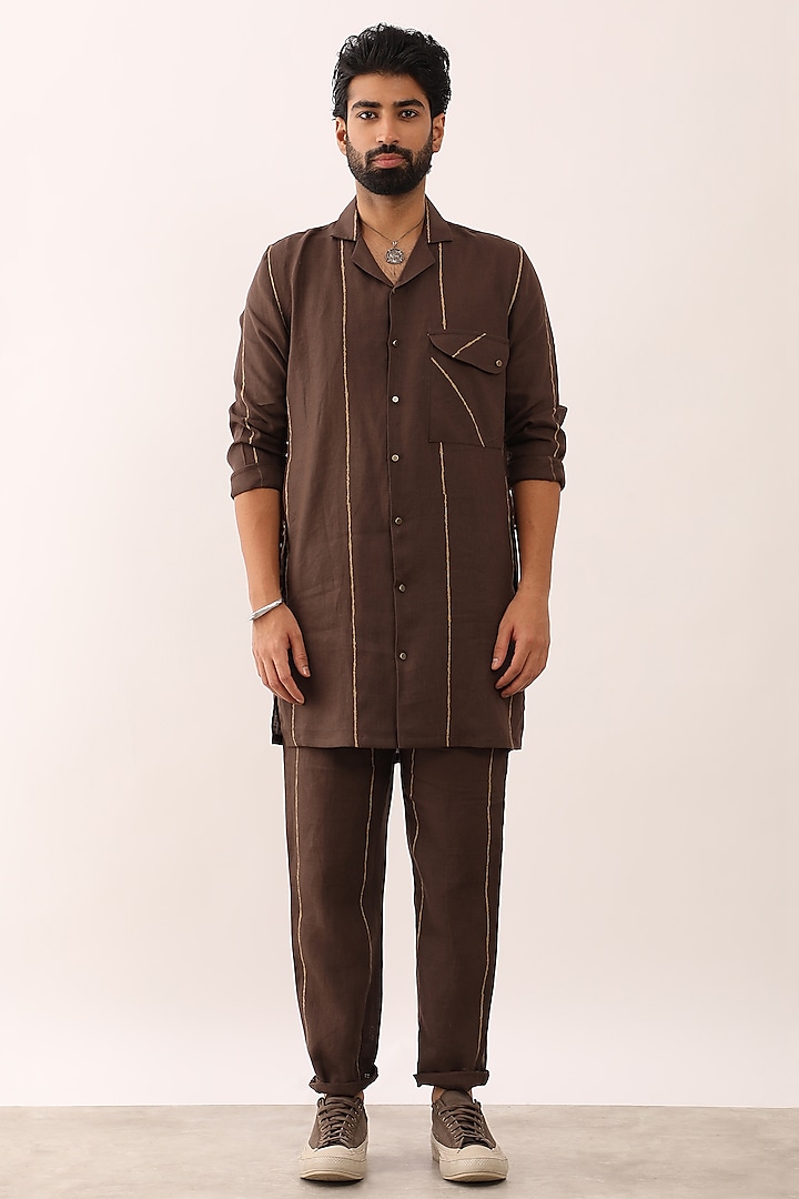 Brown Linen Printed Co-Ord Set by Son Of A Noble SNOB Men at Pernia's Pop Up Shop