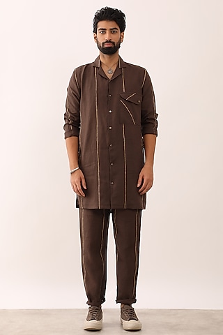 Brown Linen Printed Co-Ord Set by Son Of A Noble SNOB Men
