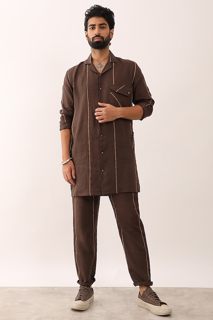 Brown Linen Printed Co-Ord Set by Son Of A Noble SNOB Men at Pernia's Pop Up Shop
