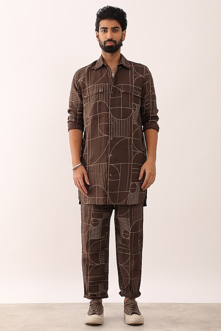 Brown Linen Printed Co-Ord Set by Son Of A Noble SNOB Men at Pernia's Pop Up Shop