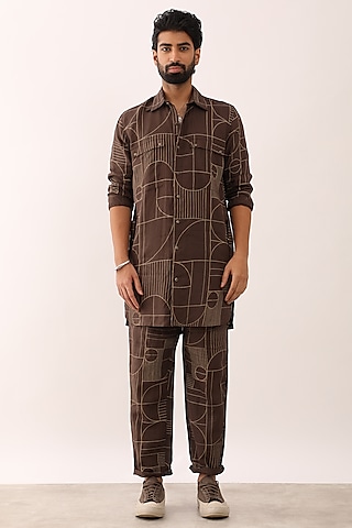 Brown Linen Printed Co-Ord Set by Son Of A Noble SNOB Men