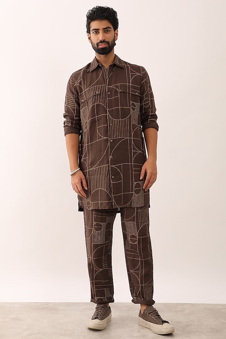 Brown Linen Printed Co-Ord Set by Son Of A Noble SNOB Men at Pernia's Pop Up Shop