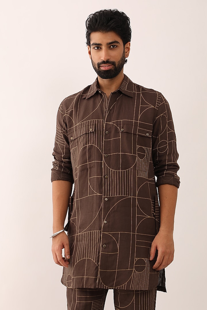 Brown Linen Printed Co-Ord Set by Son Of A Noble SNOB Men at Pernia's Pop Up Shop