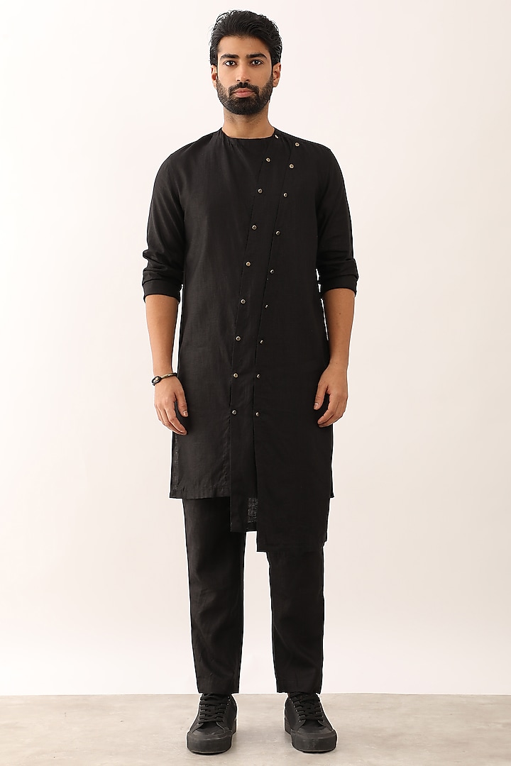 Black Linen Asymmetric Kurta Set by Son Of A Noble SNOB Men