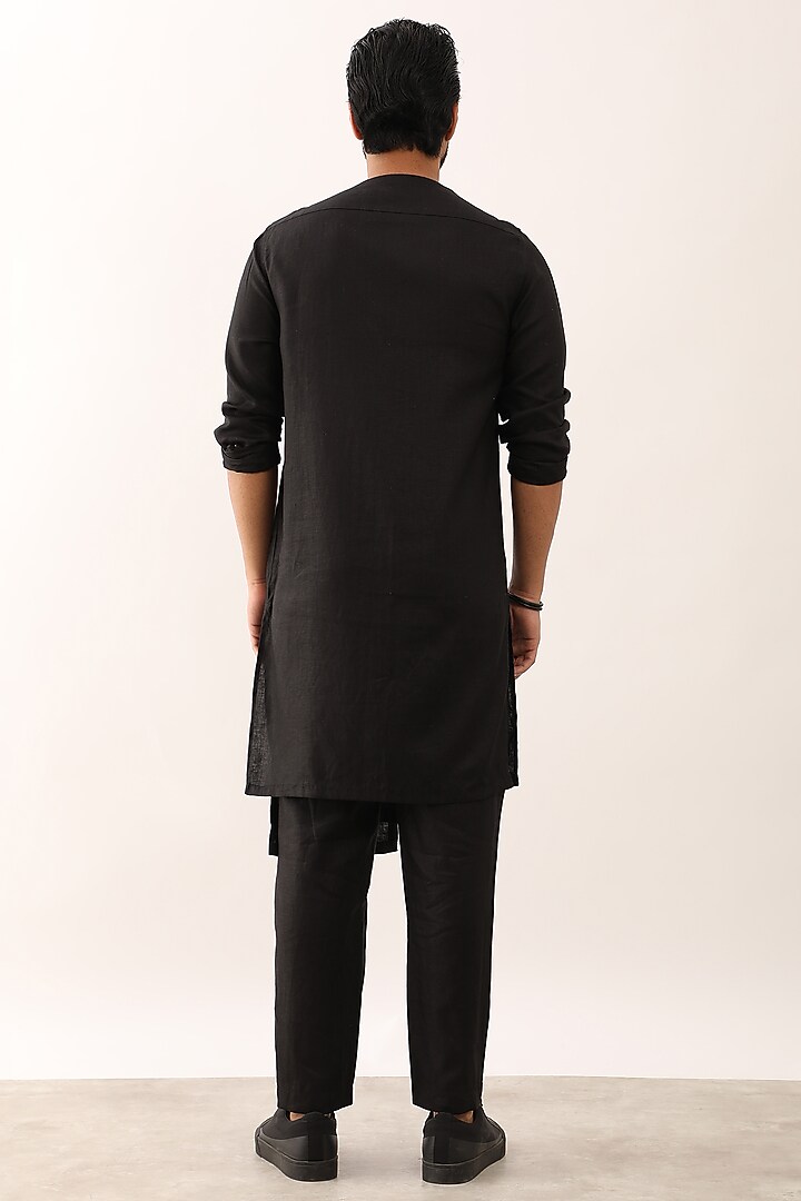 Black Linen Asymmetric Kurta Set by Son Of A Noble SNOB Men at Pernia's Pop Up Shop
