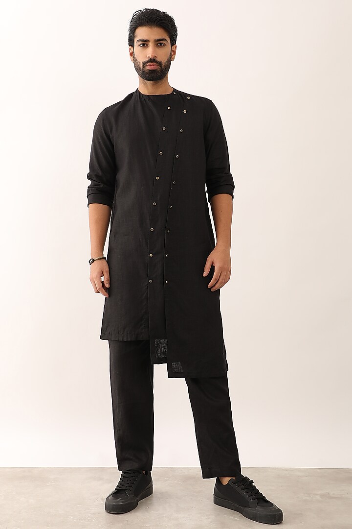 Black Linen Asymmetric Kurta Set by Son Of A Noble SNOB Men at Pernia's Pop Up Shop