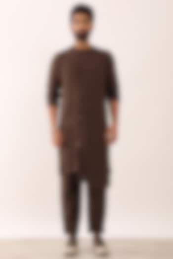 Brown Linen Asymmetric Kurta Set by Son Of A Noble SNOB Men